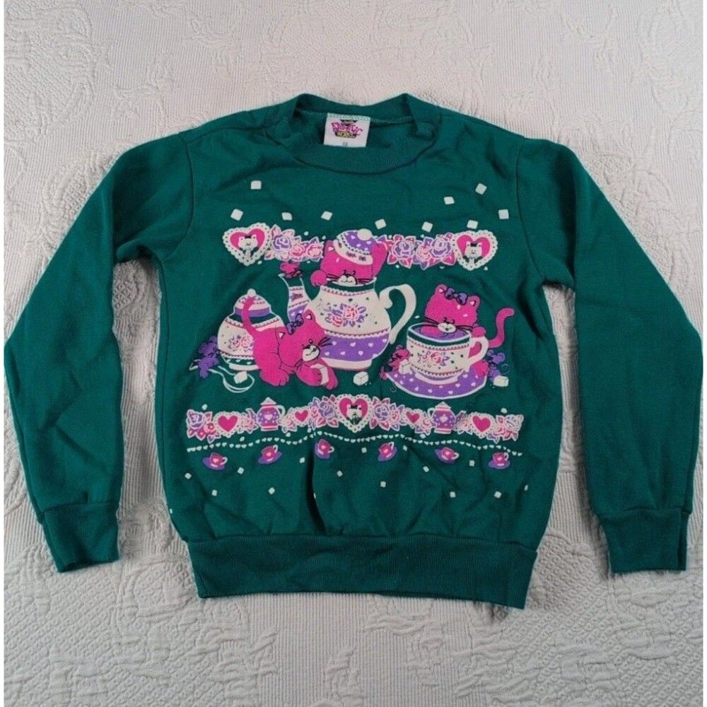 Vintage Girls Athletic Works Cute Sweater Teal 90s 6X Kitschy Cat Mouse TeaTime